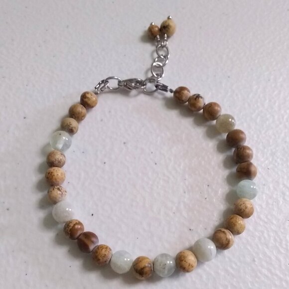 Marvelous 3 Bracelet Set! Aquamarine & Calm Desert Jasper Beads - Adjustable 7"+ - Picture 11 of 12